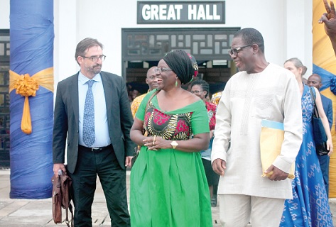 Prof. Samuel Ntewusu (right), Director, Institute of African Studies, with Daniel Krull (left), German Ambassador to Ghana, and Prof. Sylvia Tamale (middle), former Dean of the Faculty of Law, Makerere University, after the Anton Wilhem Amo Lecture. PICTURE: MAXWELL OCLOO